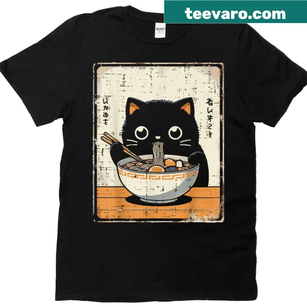 Kawaii black cat with ramen noodles graphic on a women's kids t-shirt