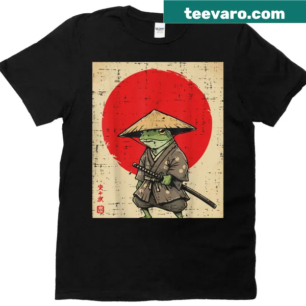 Whimsical frog samurai graphic on T-shirt