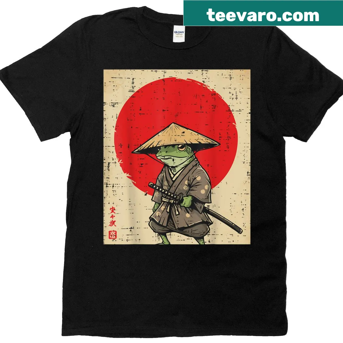 Whimsical frog samurai graphic on T-shirt — on a men's t-shirt