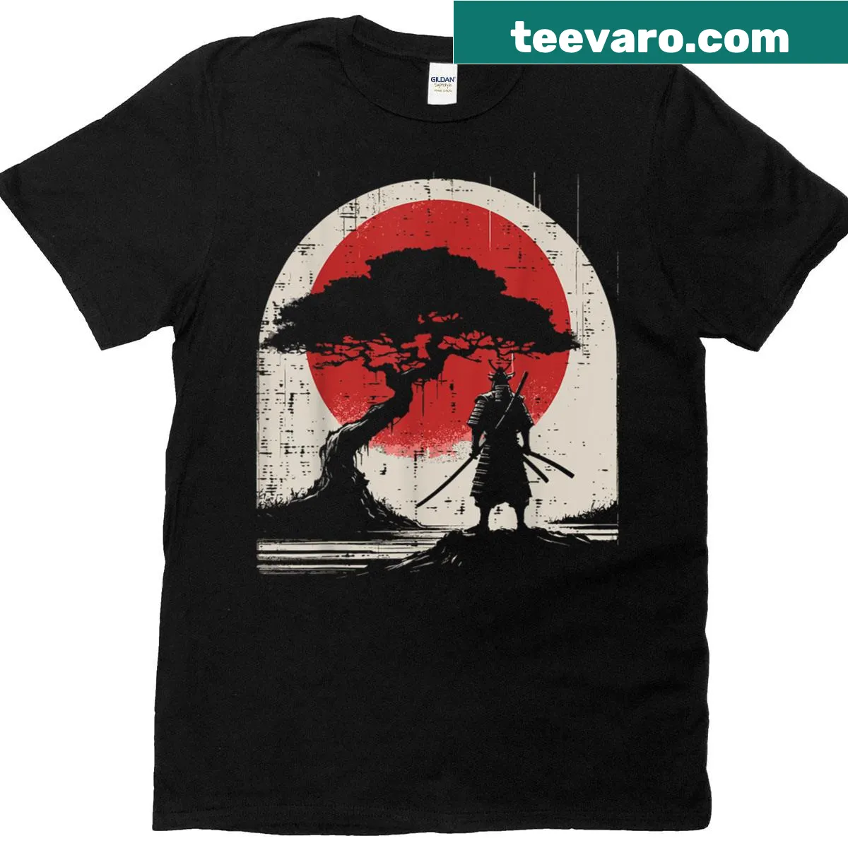 Vintage samurai in kimono under tree graphic on a t-shirt — on a men's t-shirt