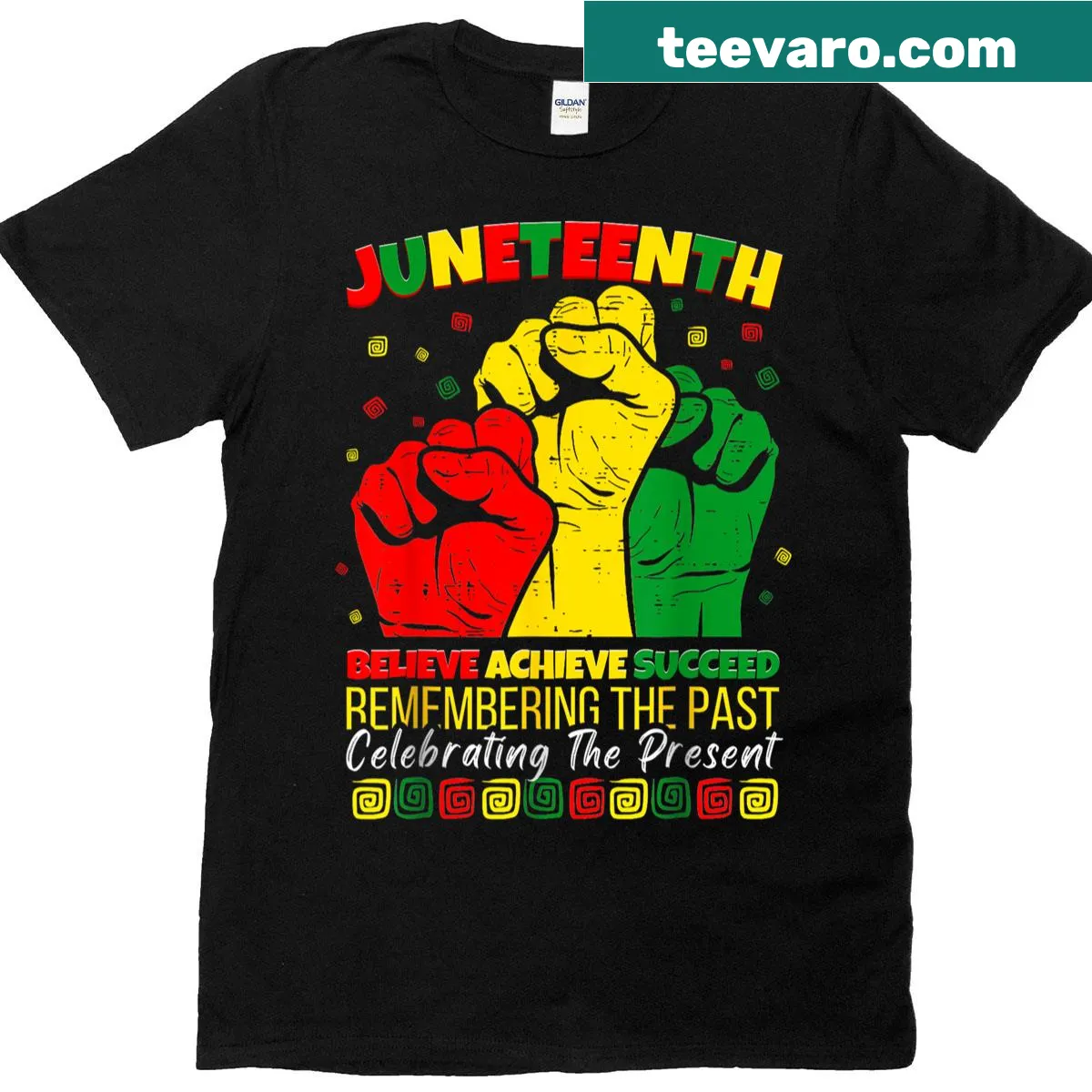 Inspirational Juneteenth shirt with 'Believe Achieve Succeed' text and year 1865 — on a men's t-shirt