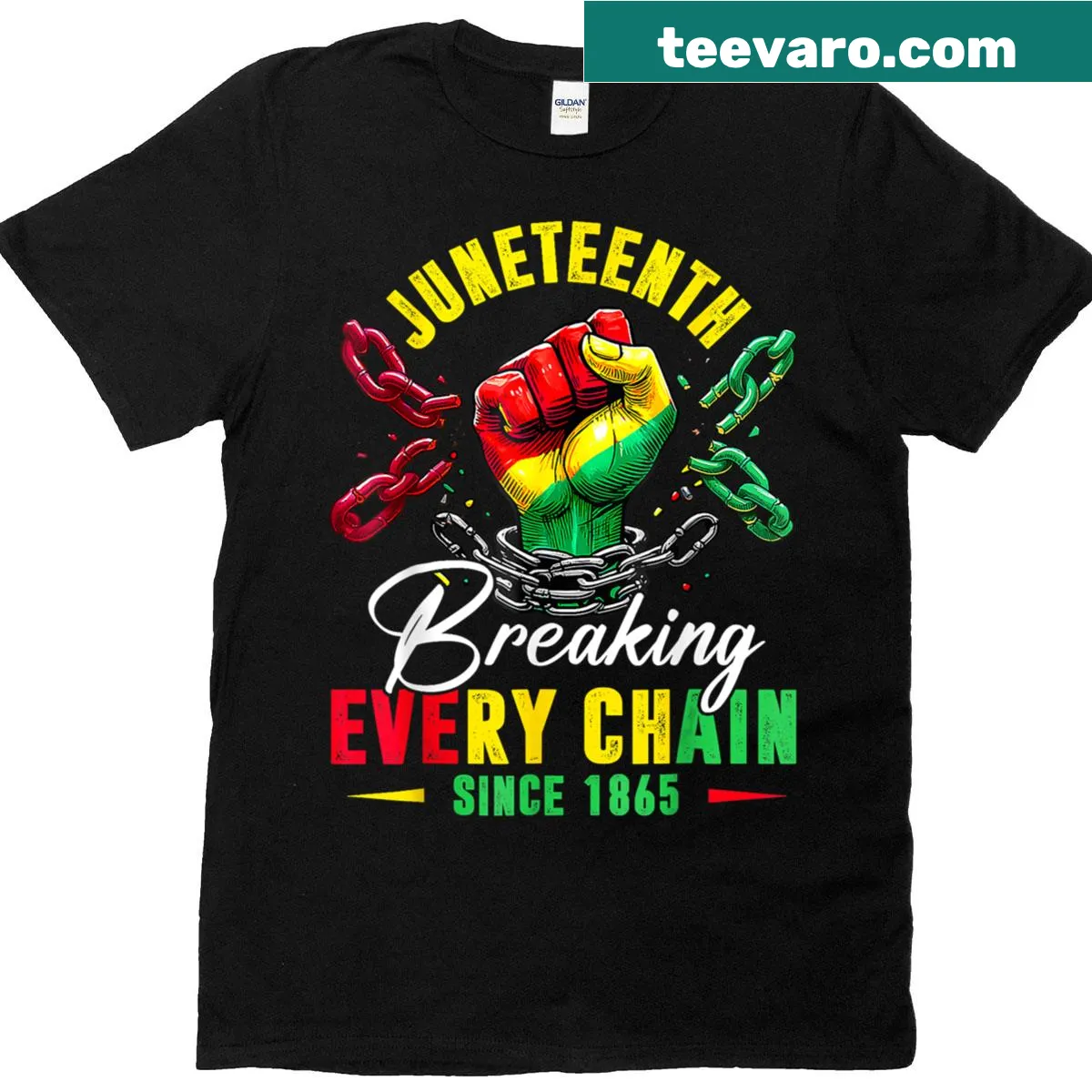 Text design celebrating Juneteenth with the phrase Breaking Every Chain Since 1865 — on a men's t-shirt