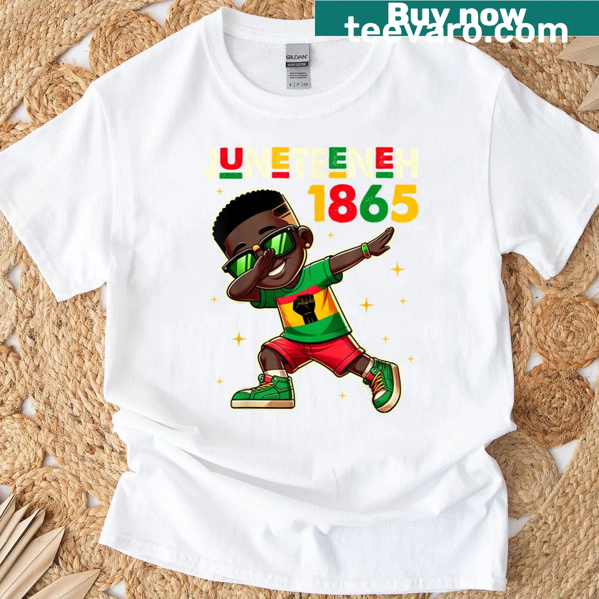 Kids T-shirt with dabbing graphic celebrating Juneteenth — on a men's t-shirt