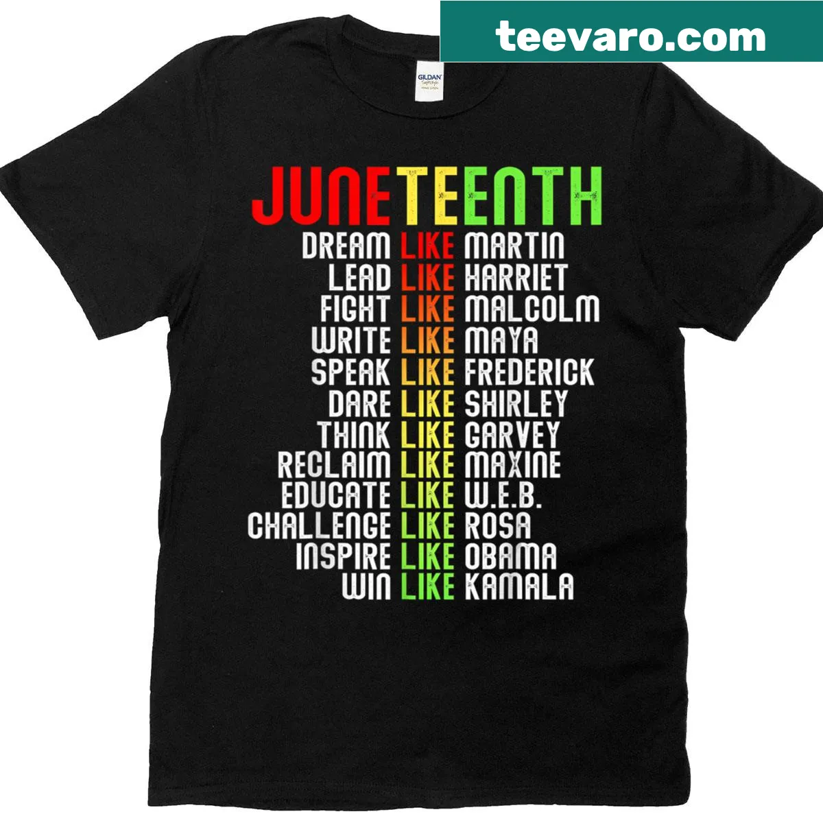 Inspirational text design stating Dream Like Leaders for Juneteenth — on a men's t-shirt