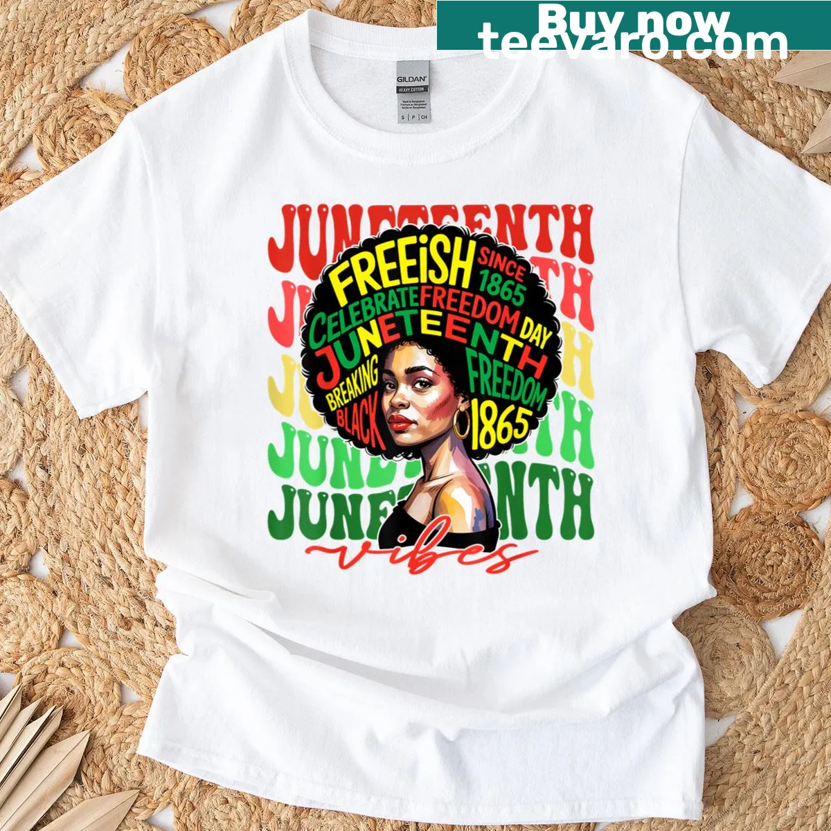 Juneteenth T-shirt for women featuring 'Juneteenth Vibes' text — on a men's t-shirt