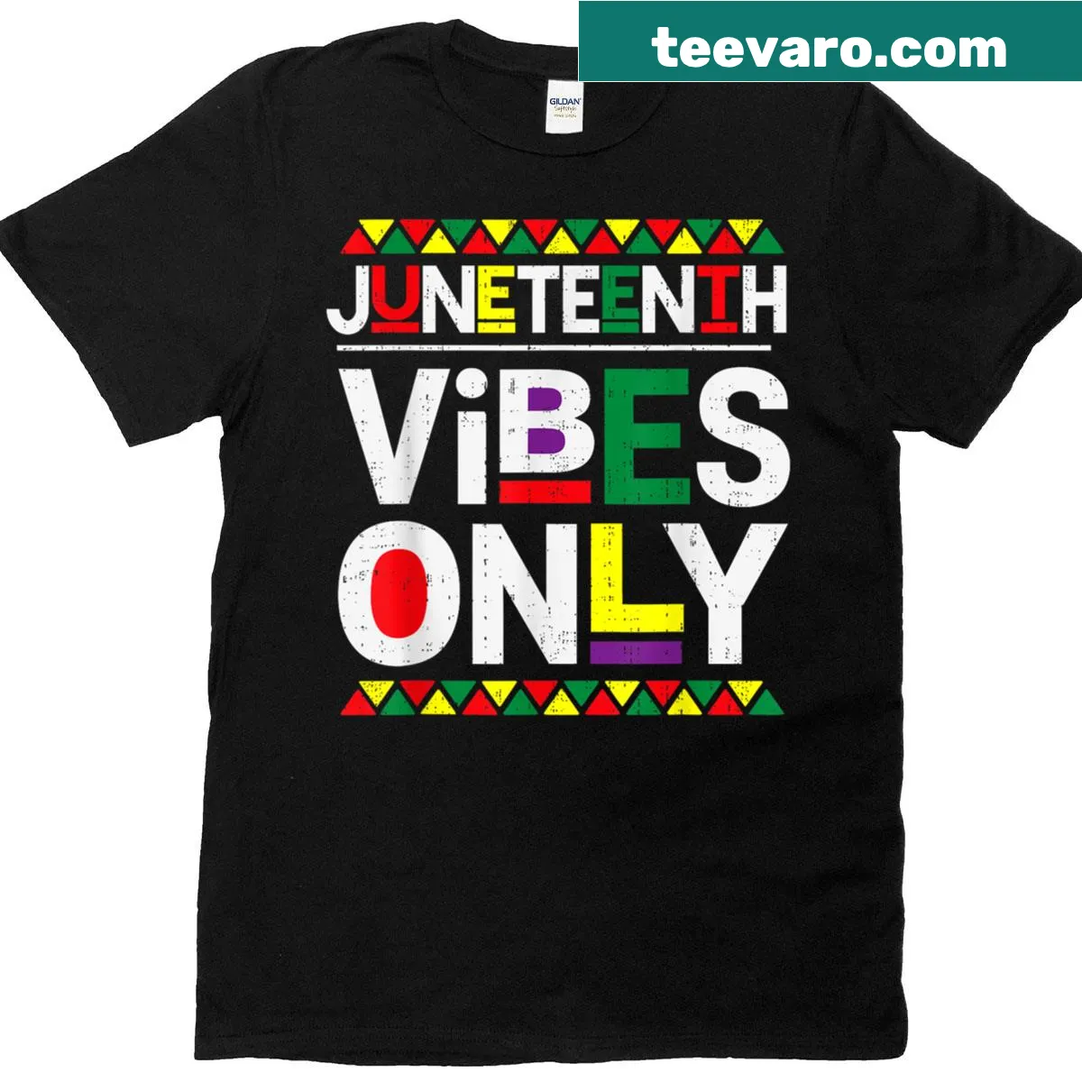 Text design stating Vibes Only with dates for Juneteenth — on a men's t-shirt