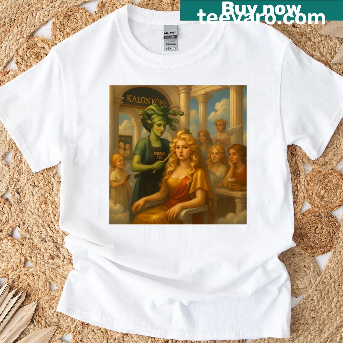 Cartoon-style t-shirt with 'Kalon Km Divine Styles By Medusa' text — on a men's t-shirt