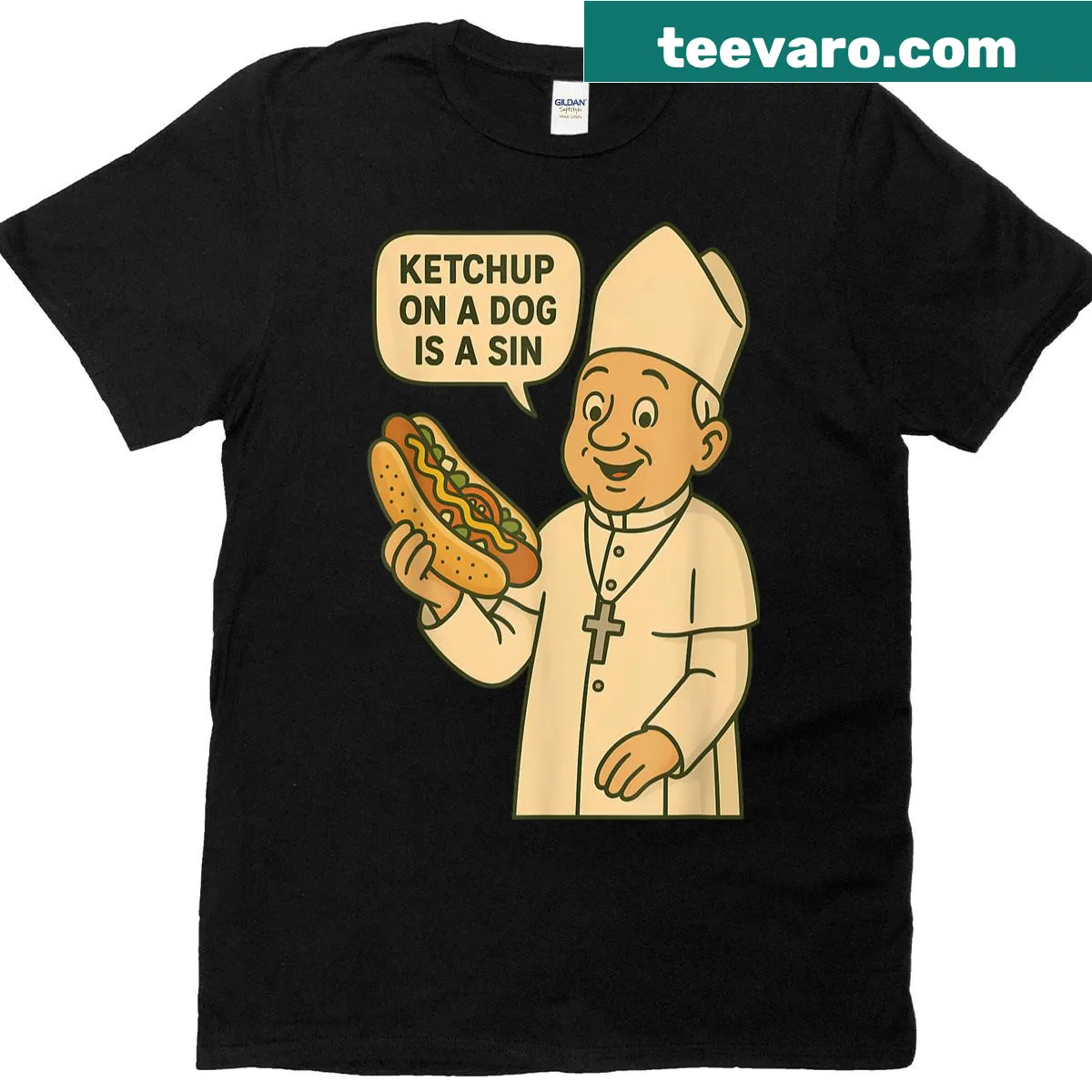 Funny Chicago hot dog design with ketchup sin statement on t-shirt — on a men's t-shirt