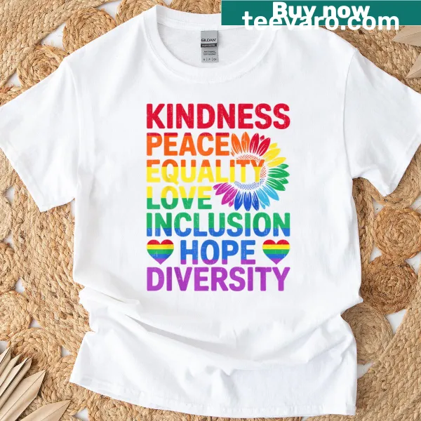 LGBTQ T-shirt with rainbow flag and 'Kindness Equality Love' text
