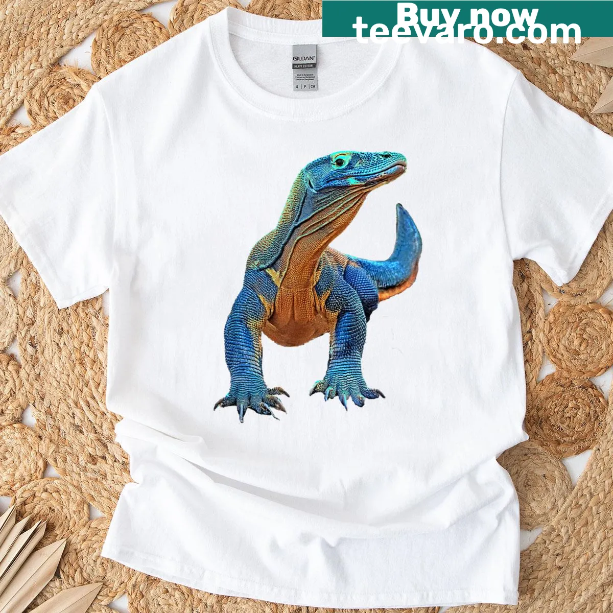 Cartoon design T-shirt featuring a Komodo dragon — on a men's t-shirt