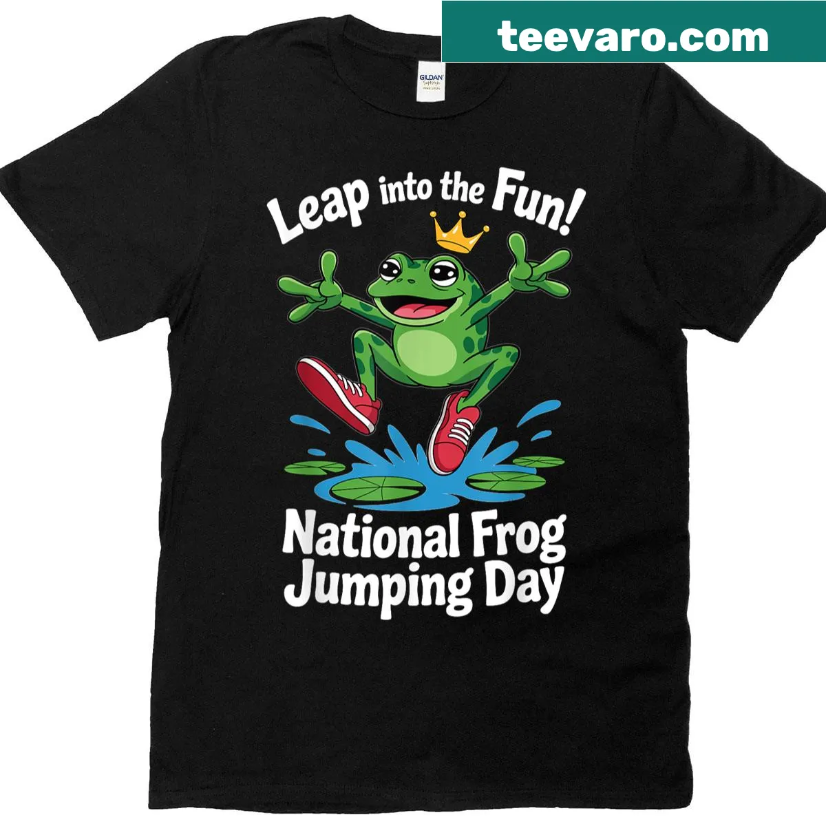 Playful frog illustration on a T-shirt celebrating National Frog Jumping Day — on a men's t-shirt