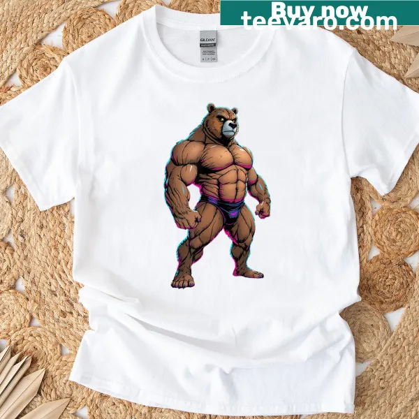 Humorous T-shirt featuring a flexing bear design