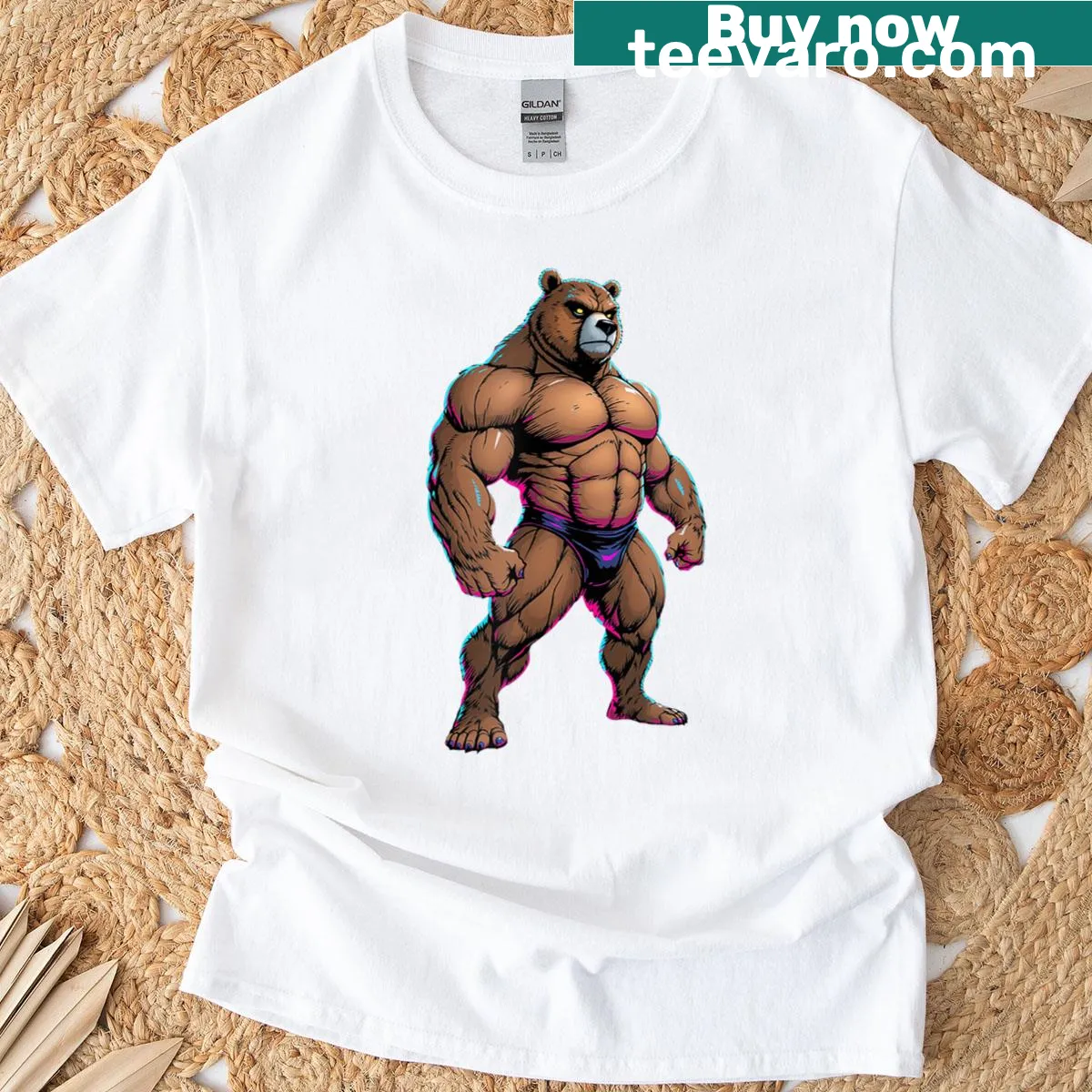 Humorous T-shirt featuring a flexing bear design — on a men's t-shirt
