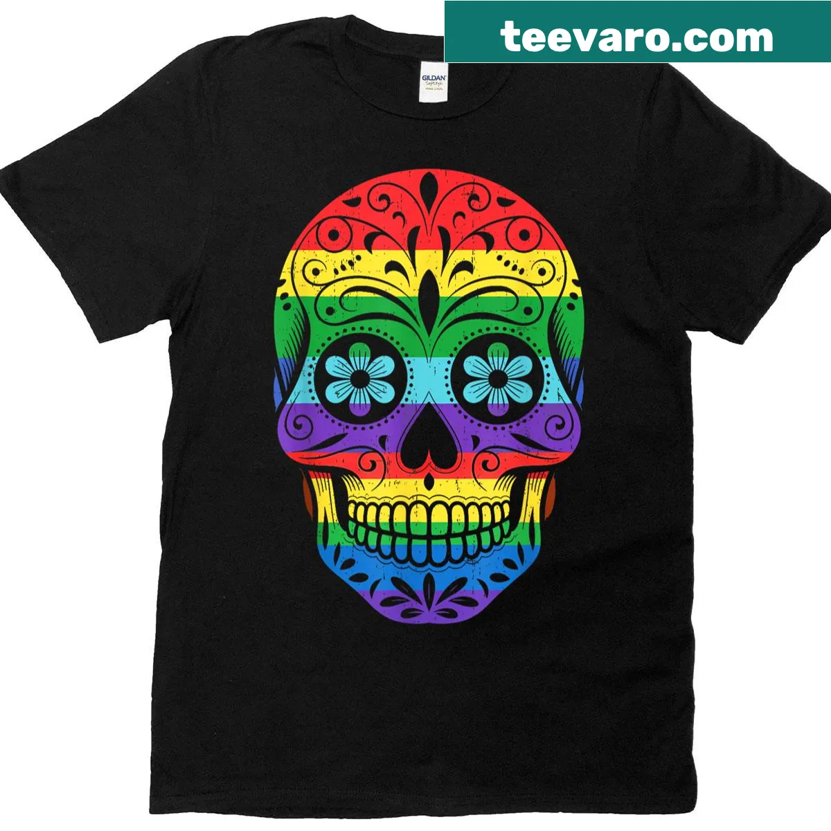 Skull adorned with LGBT rainbow flag design for Pride Month — on a men's t-shirt