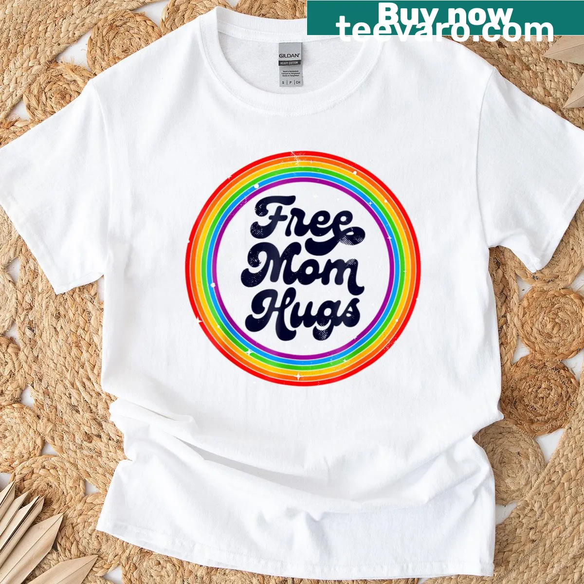 Rainbow graphic t-shirt with the phrase 'LGBTQ Free Mom Hugs'. — on a men's t-shirt