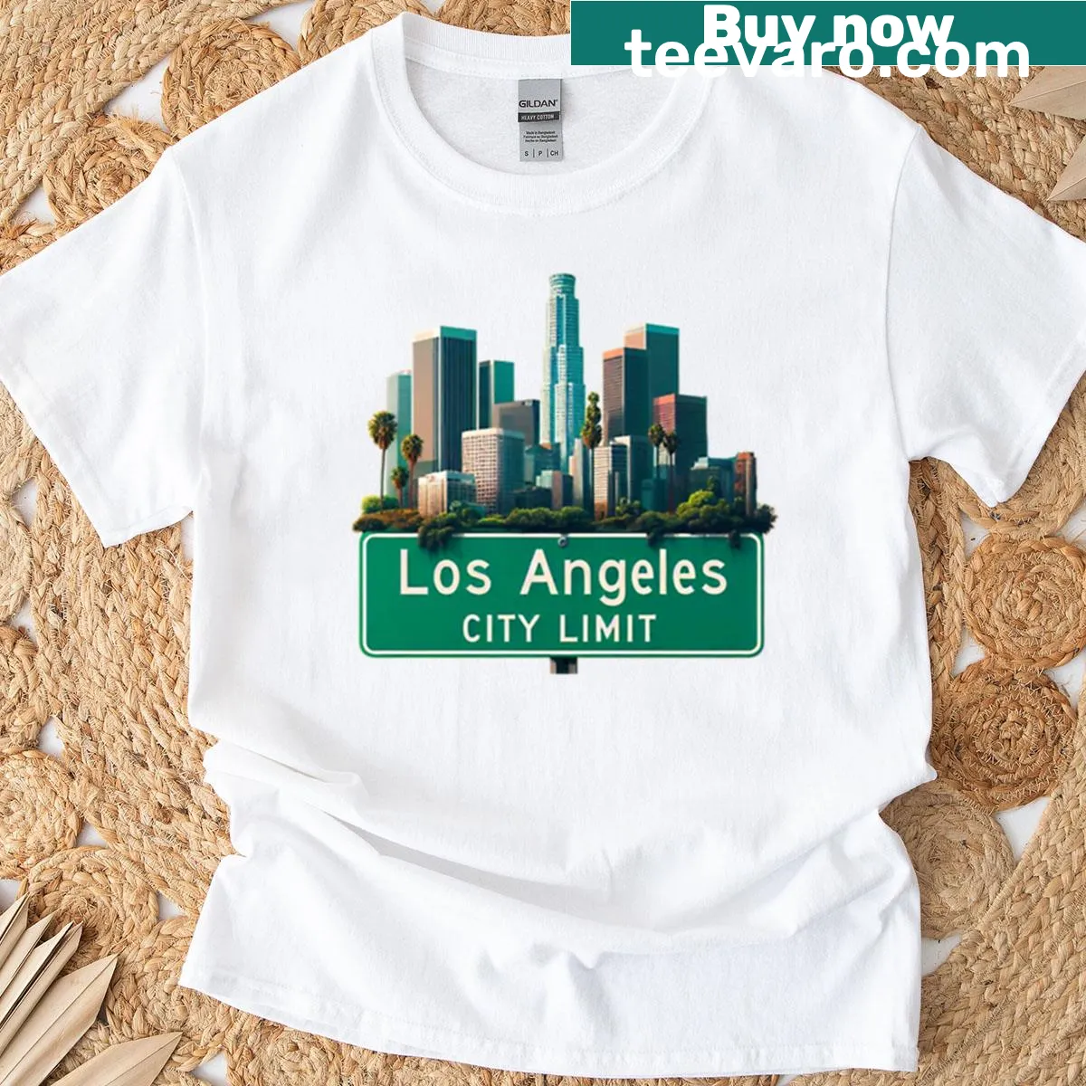 Illustration of the Los Angeles city limit sign on a t-shirt — on a men's t-shirt