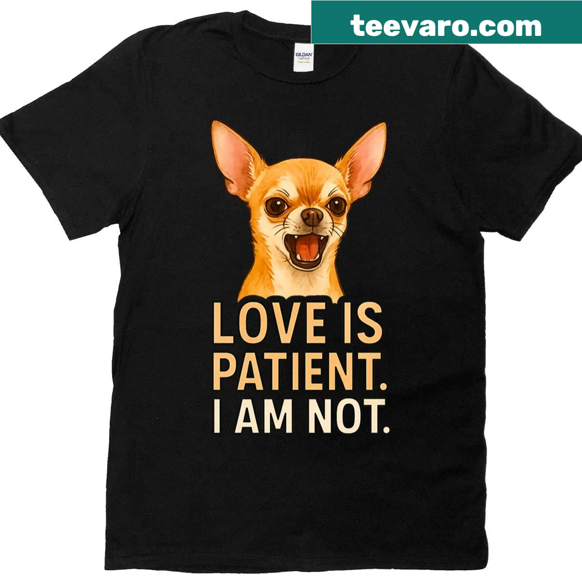 Funny chihuahua art t-shirt with Love Is Patient quote — on a men's t-shirt