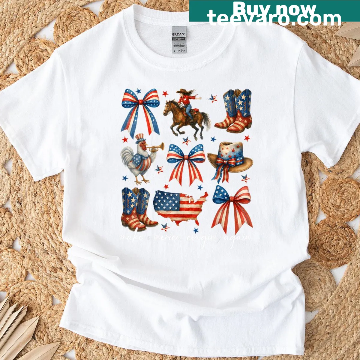 Patriotic T-shirt for women with coquette bow and cowgirl theme. — on a men's t-shirt