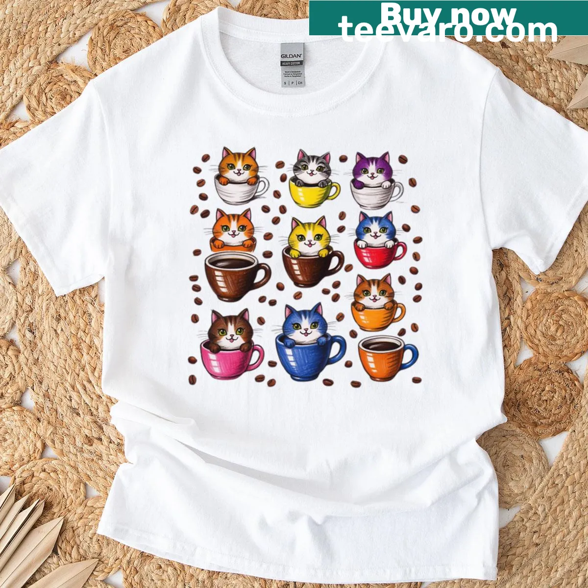 Cartoon design of cats with coffee mugs on a t-shirt — on a men's t-shirt