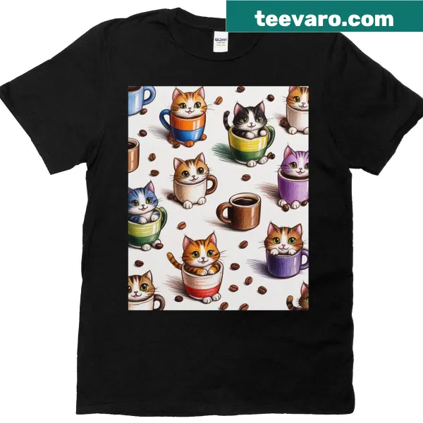 Pattern graphic of cats and coffee mugs on a T-shirt