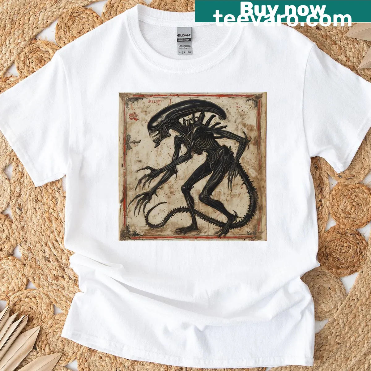 Whimsical graphic of a medieval knight alien on a t-shirt — on a men's t-shirt