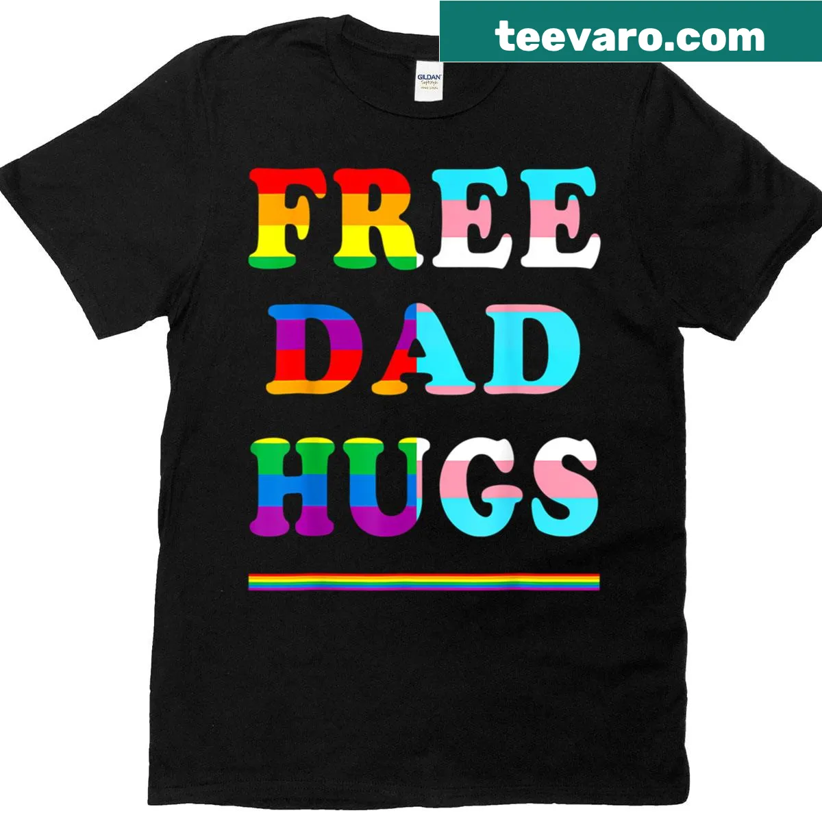 T-shirt with the phrase 'Free Dad Hugs' celebrating LGBTQ+ pride — on a men's t-shirt