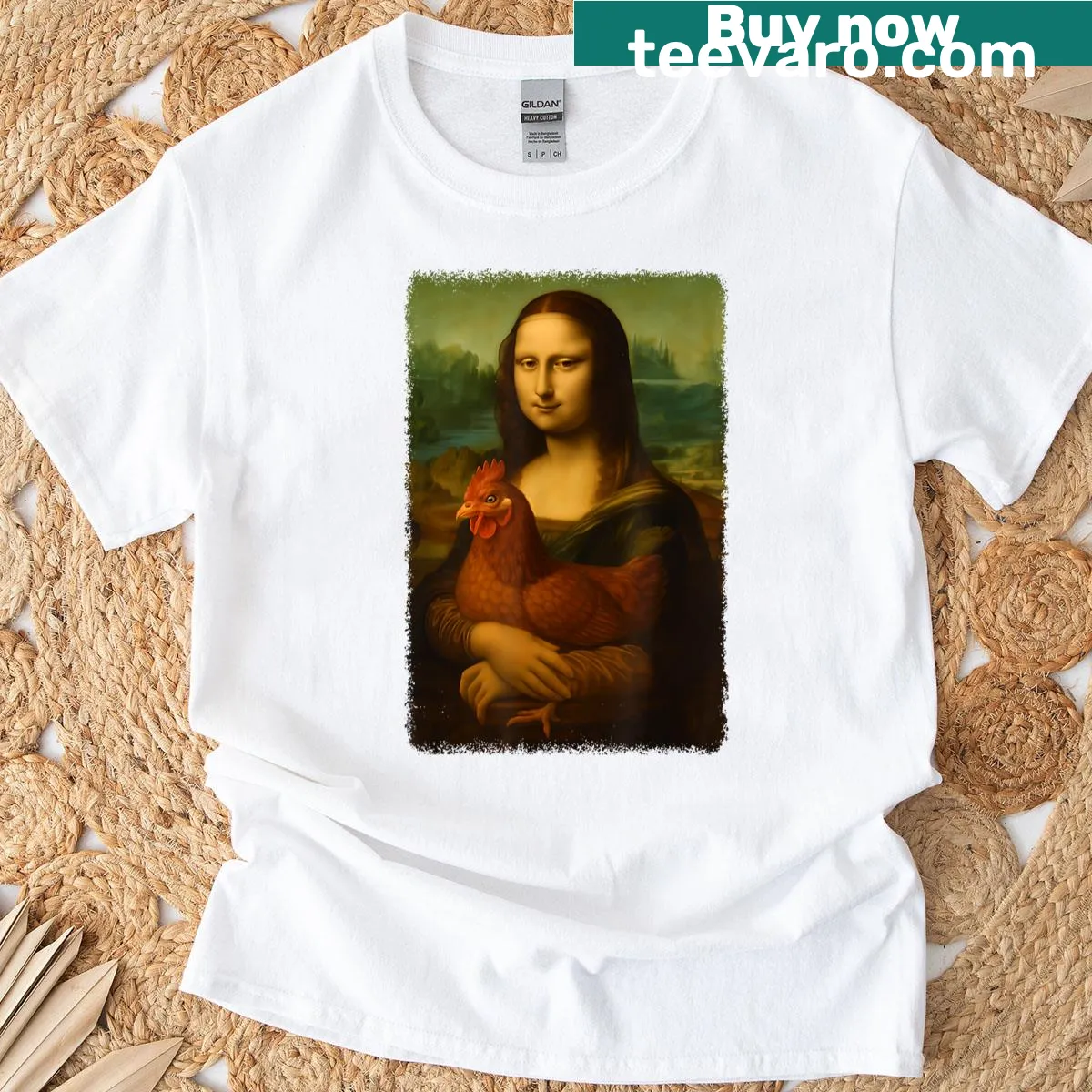 Funny cartoon of Mona Lisa as a chicken on a t-shirt — on a men's t-shirt
