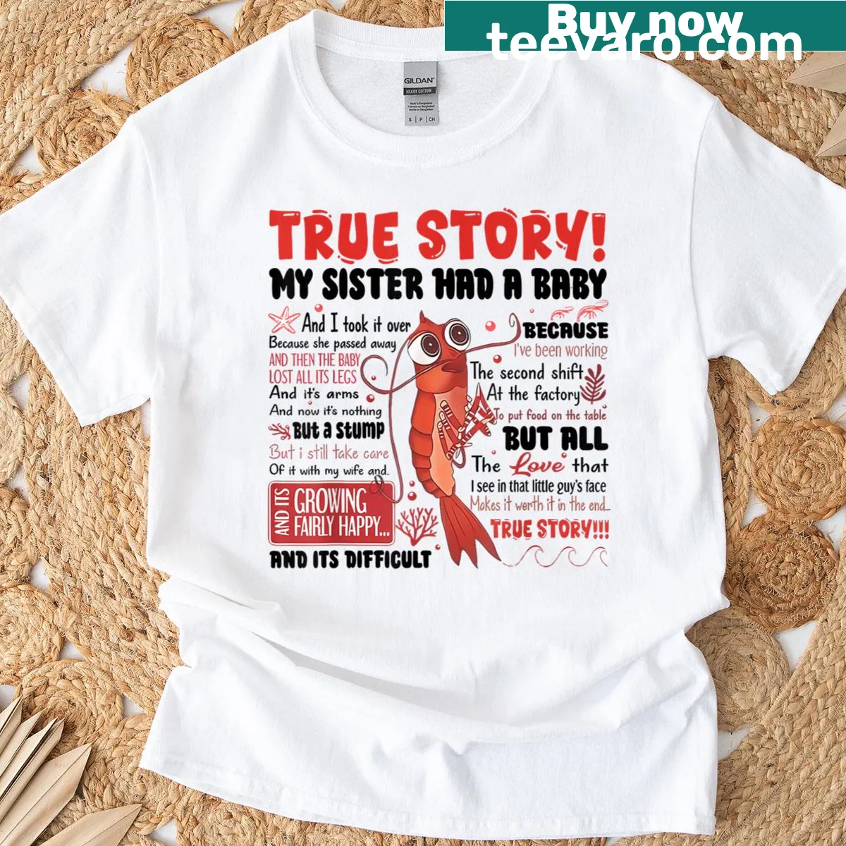 Edgy vintage t-shirt featuring 'My Sister Had A Baby And I Took Over' with shrimp graphic — on a men's t-shirt