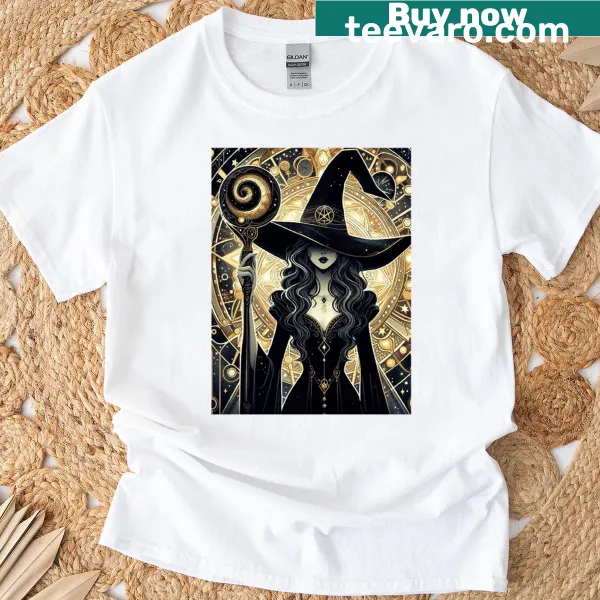 Art nouveau t-shirt featuring a symbolic portrait of a woman with esoteric elements