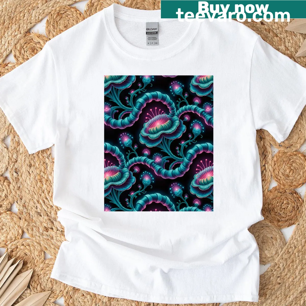 Alien with coral vines graphic on T-shirt — on a men's t-shirt