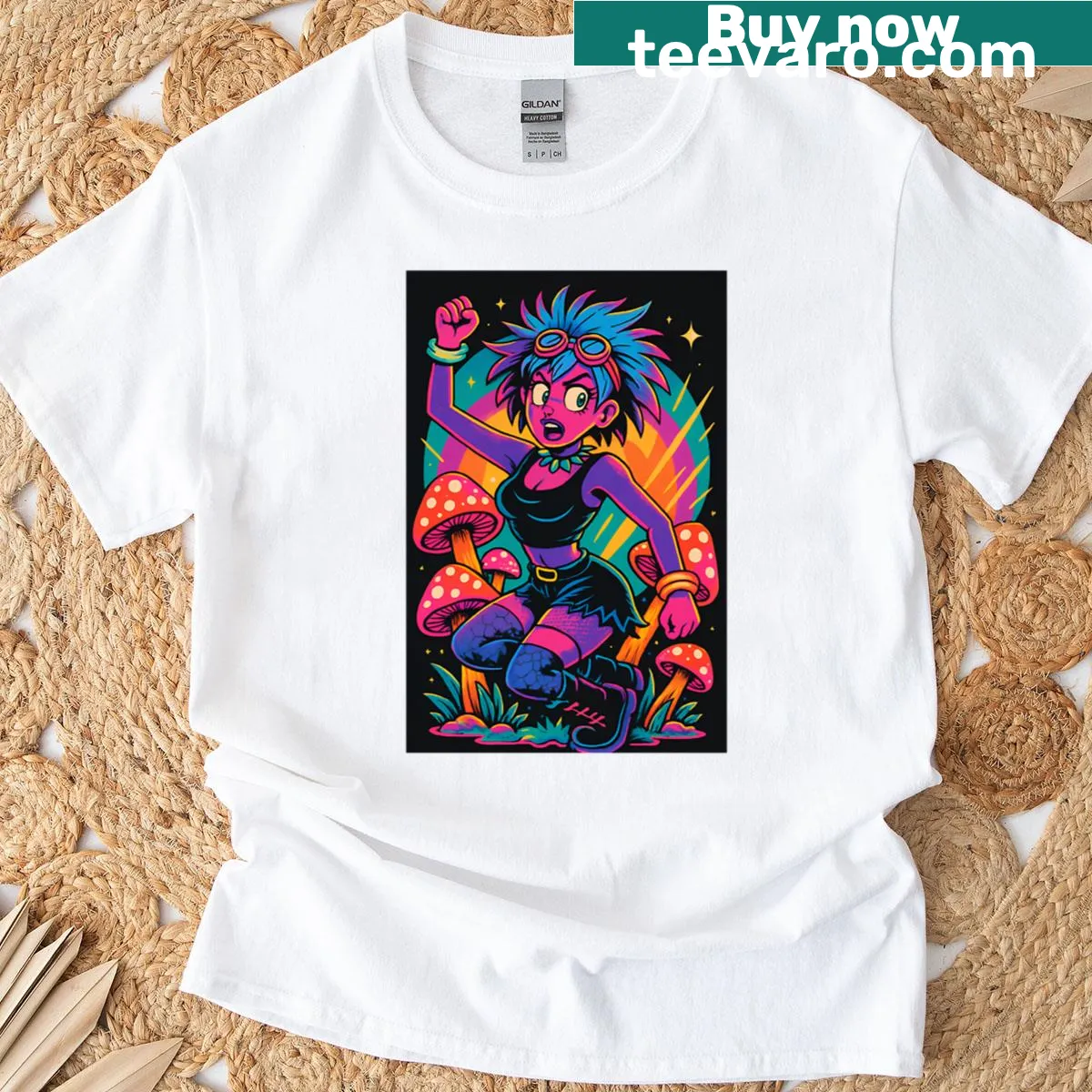 Psychedelic festival fashion t-shirt with a lively rave-themed graphic — on a men's t-shirt
