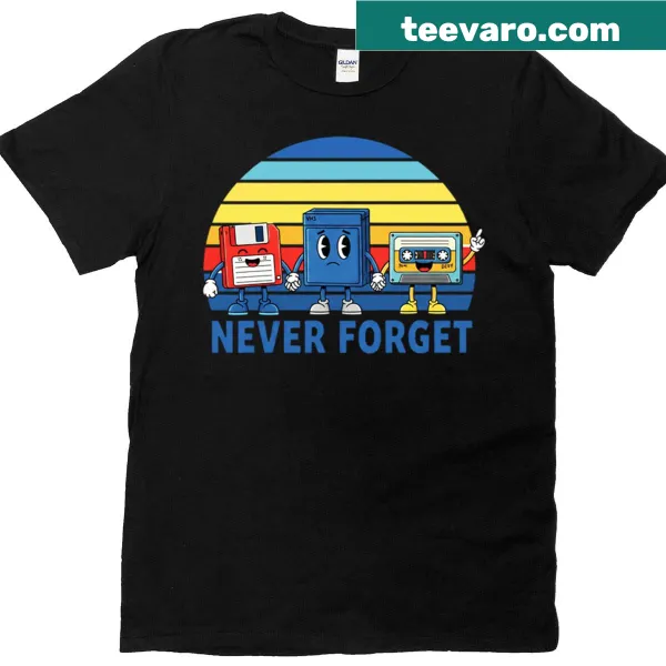 Vintage-style t-shirt featuring floppy disk and VHS tape graphics