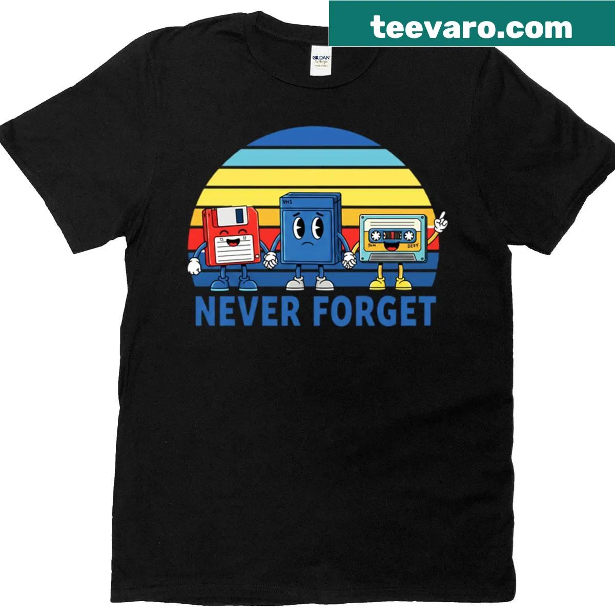 Vintage-style t-shirt featuring floppy disk and VHS tape graphics — on a men's t-shirt