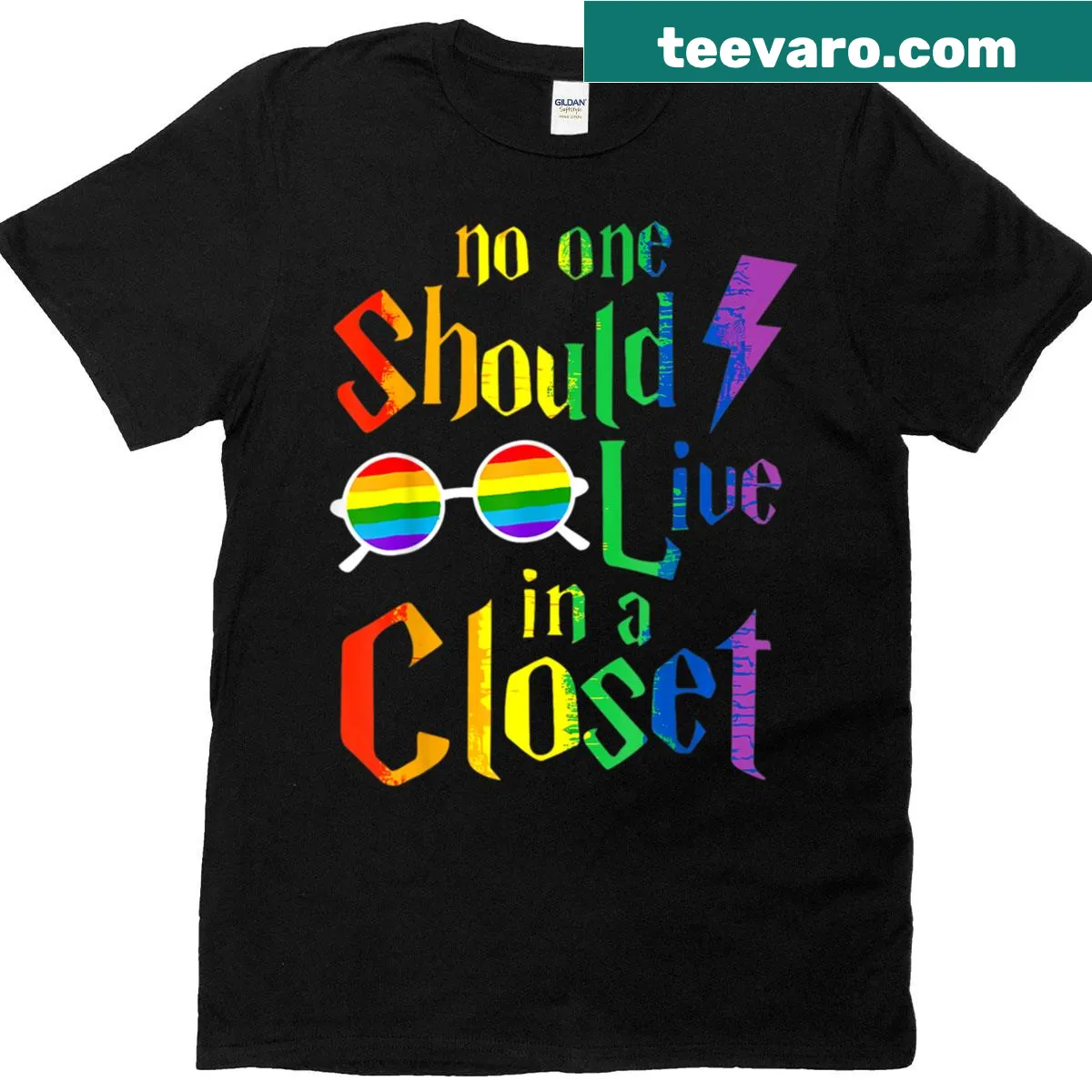 Empowering No One Should Live In A Closet T-shirt with bold text — on a men's t-shirt