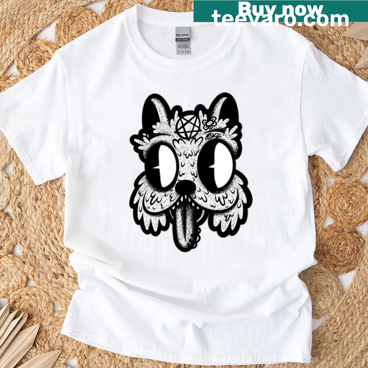 T-shirt with old school cartoon creature tattoo style design — on a men's t-shirt