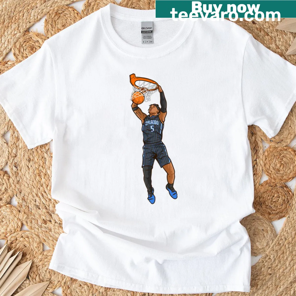 Cartoon T-shirt featuring Paolo Banchero dunking a basketball — on a men's t-shirt
