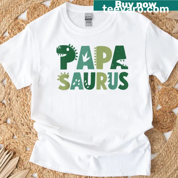 Illustration of a dinosaur with the text 'Papa Saurus' for family birthday t-shirt