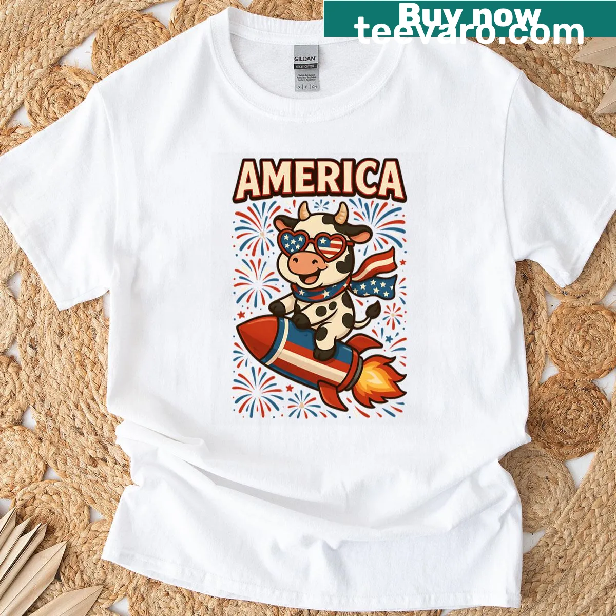 Cartoon cow on a rocket design for a patriotic T-shirt — on a men's t-shirt