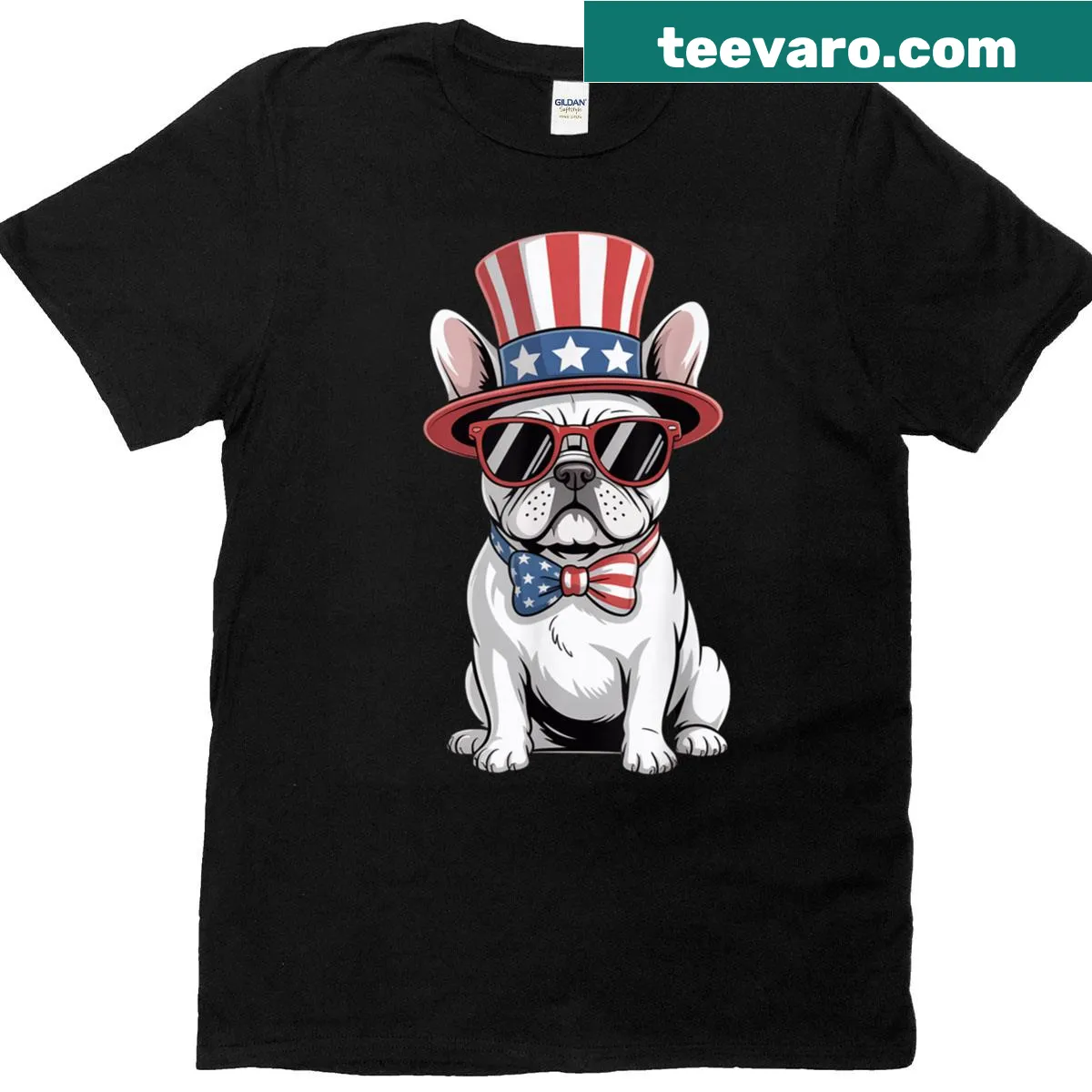 Illustration of a French Bulldog with an American flag — on a men's t-shirt