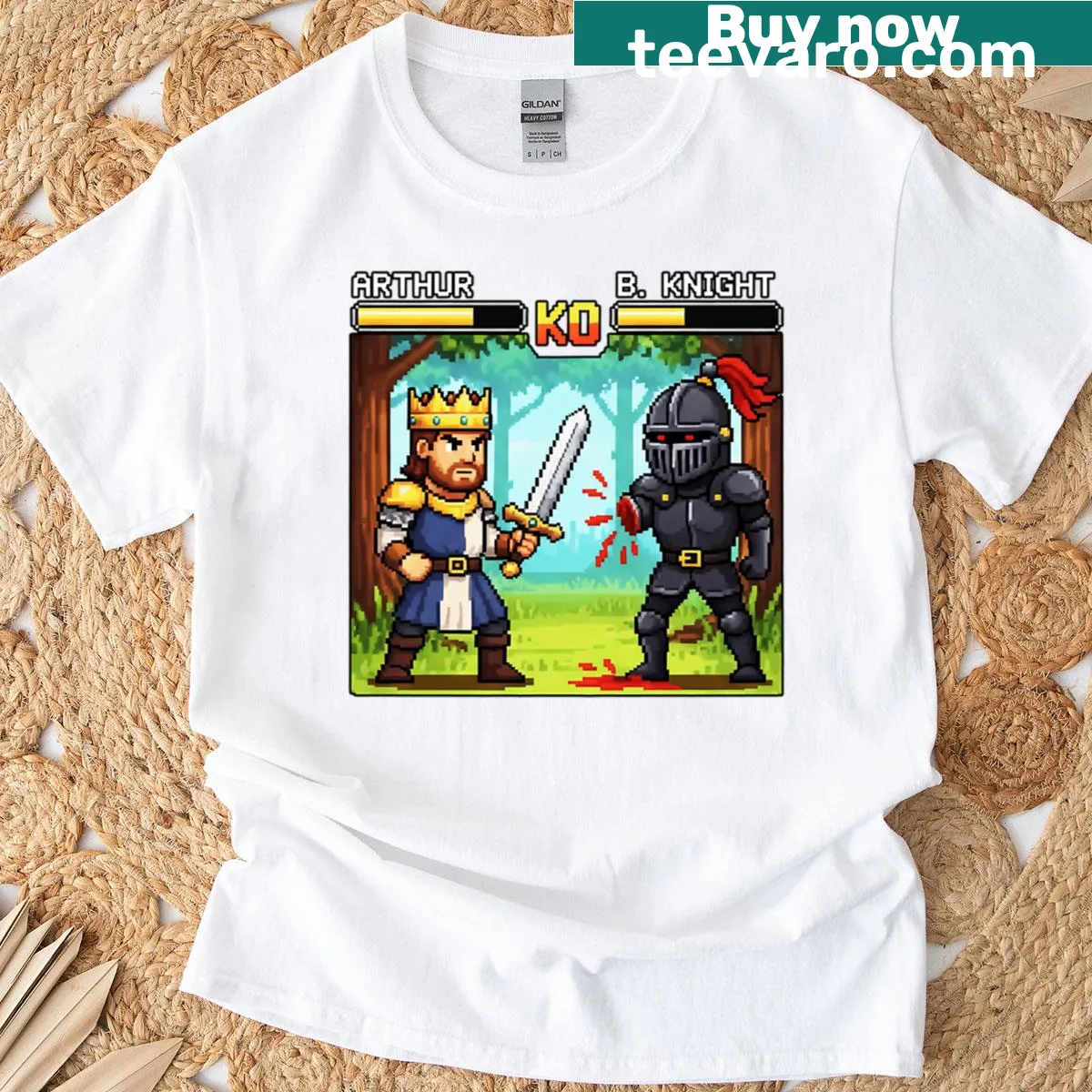 Retro pixel battle between Arthur and Black Knight T-shirt — on a men's t-shirt