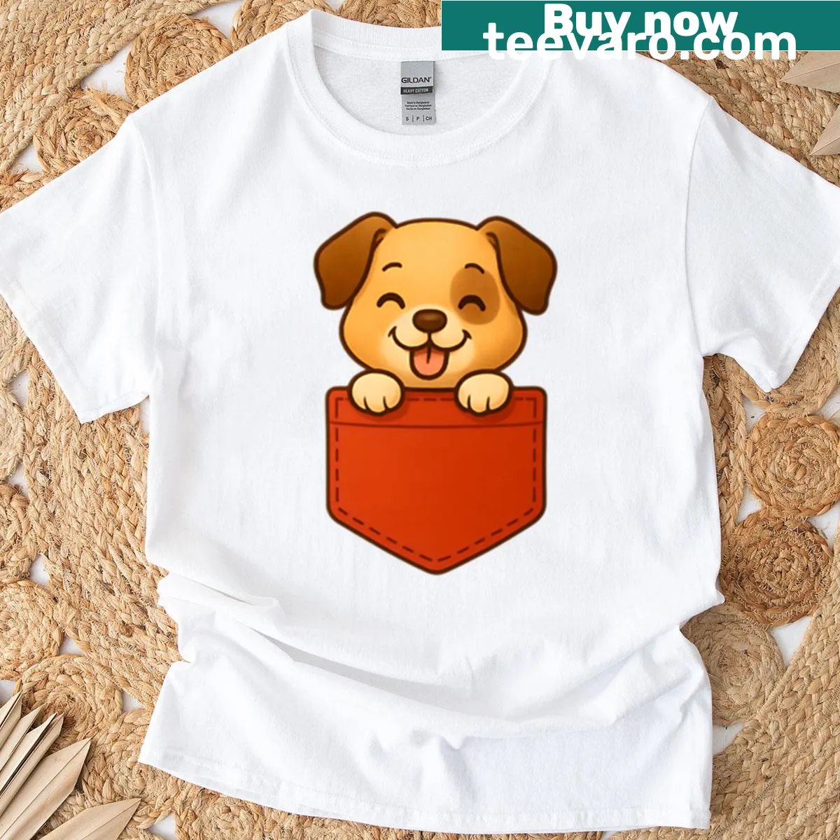 Illustration of a puppy peeking out of a red pocket on a T-shirt — on a men's t-shirt