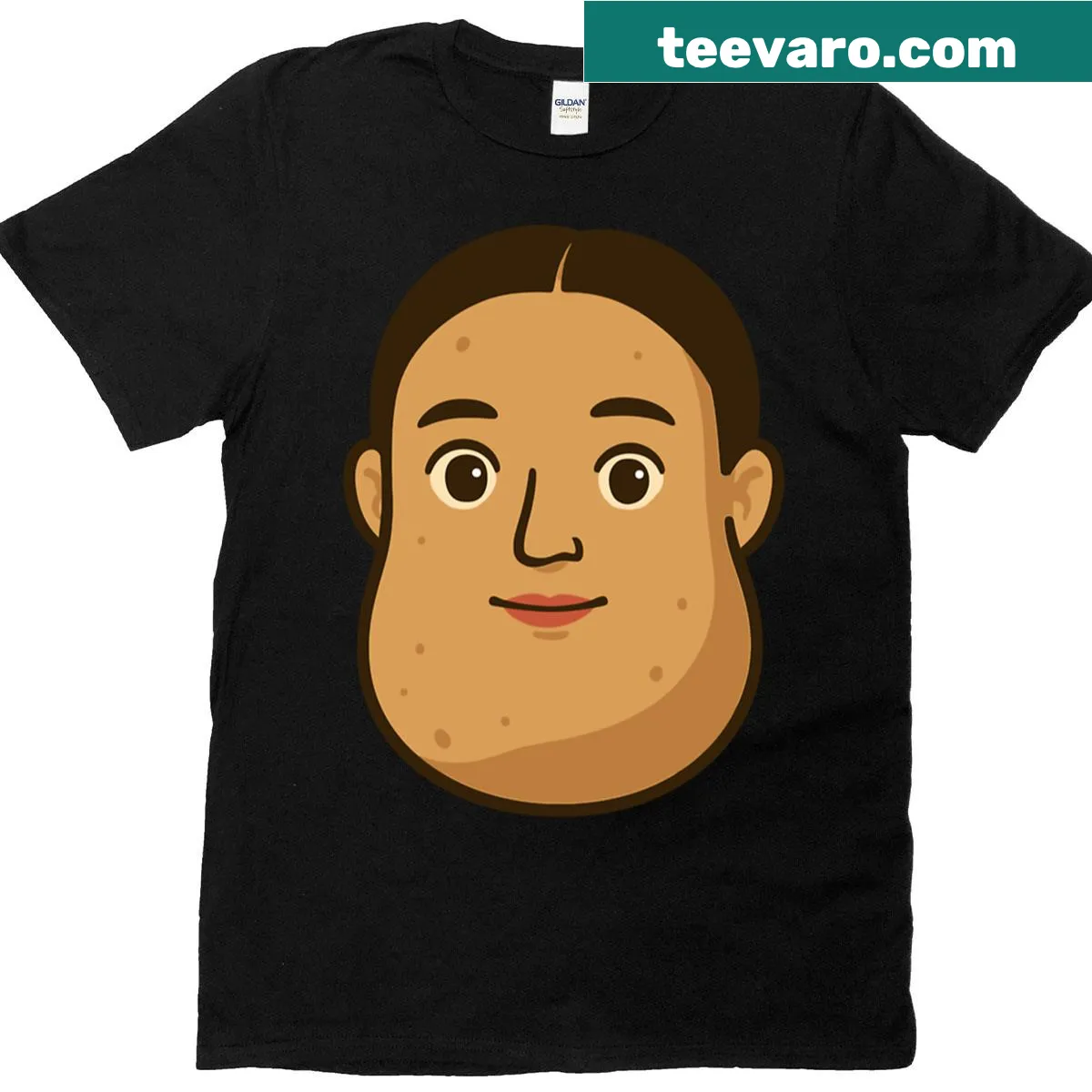 T-shirt featuring a whimsical potato head girl cartoon — on a men's t-shirt