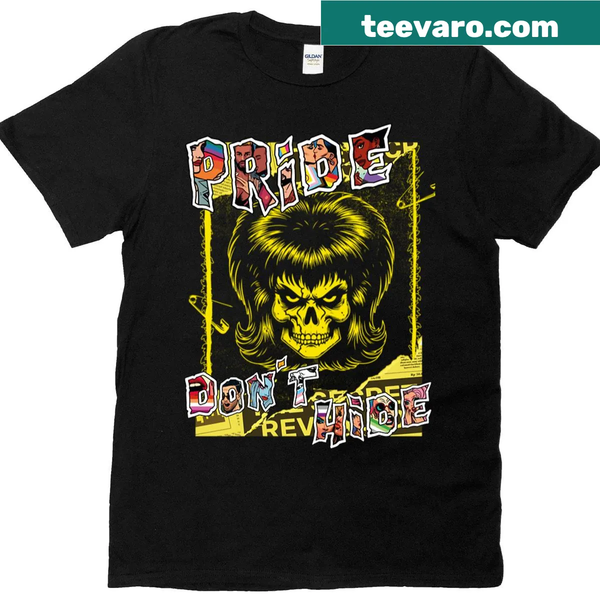 Punk-style skull graphic t-shirt promoting LGBTQ pride. — on a men's t-shirt