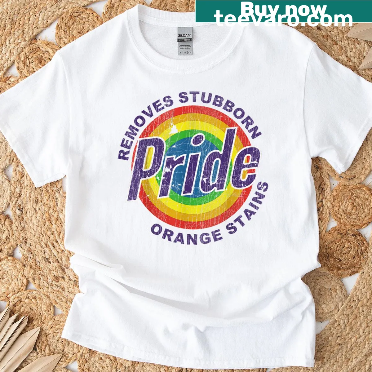 T-shirt with text about pride removing stubborn orange stains — on a men's t-shirt