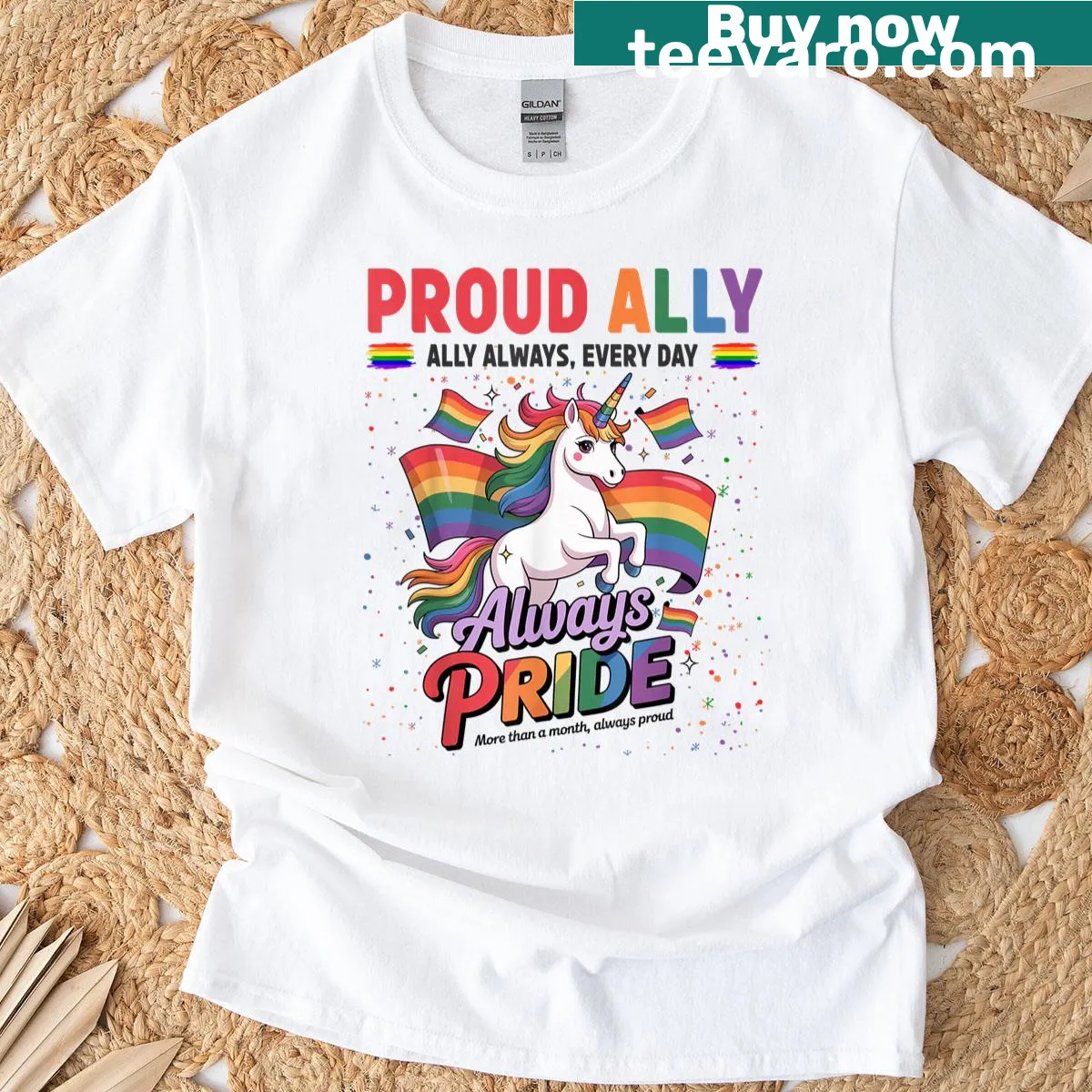 Proud ally t-shirt with a fun LGBTQ+ themed illustration — on a men's t-shirt