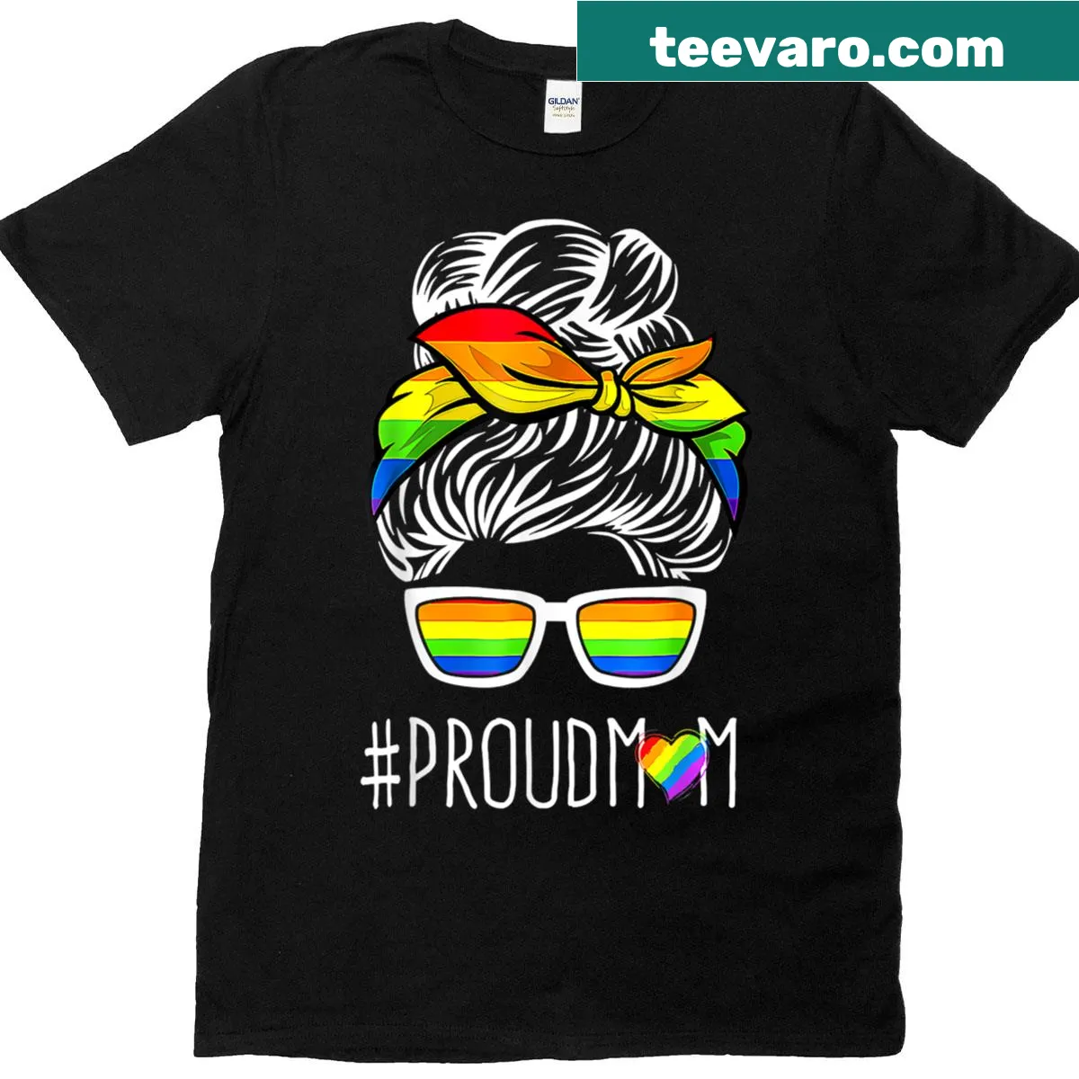 Proud mom T-shirt with messy hair bun and rainbow flag illustration — on a men's t-shirt