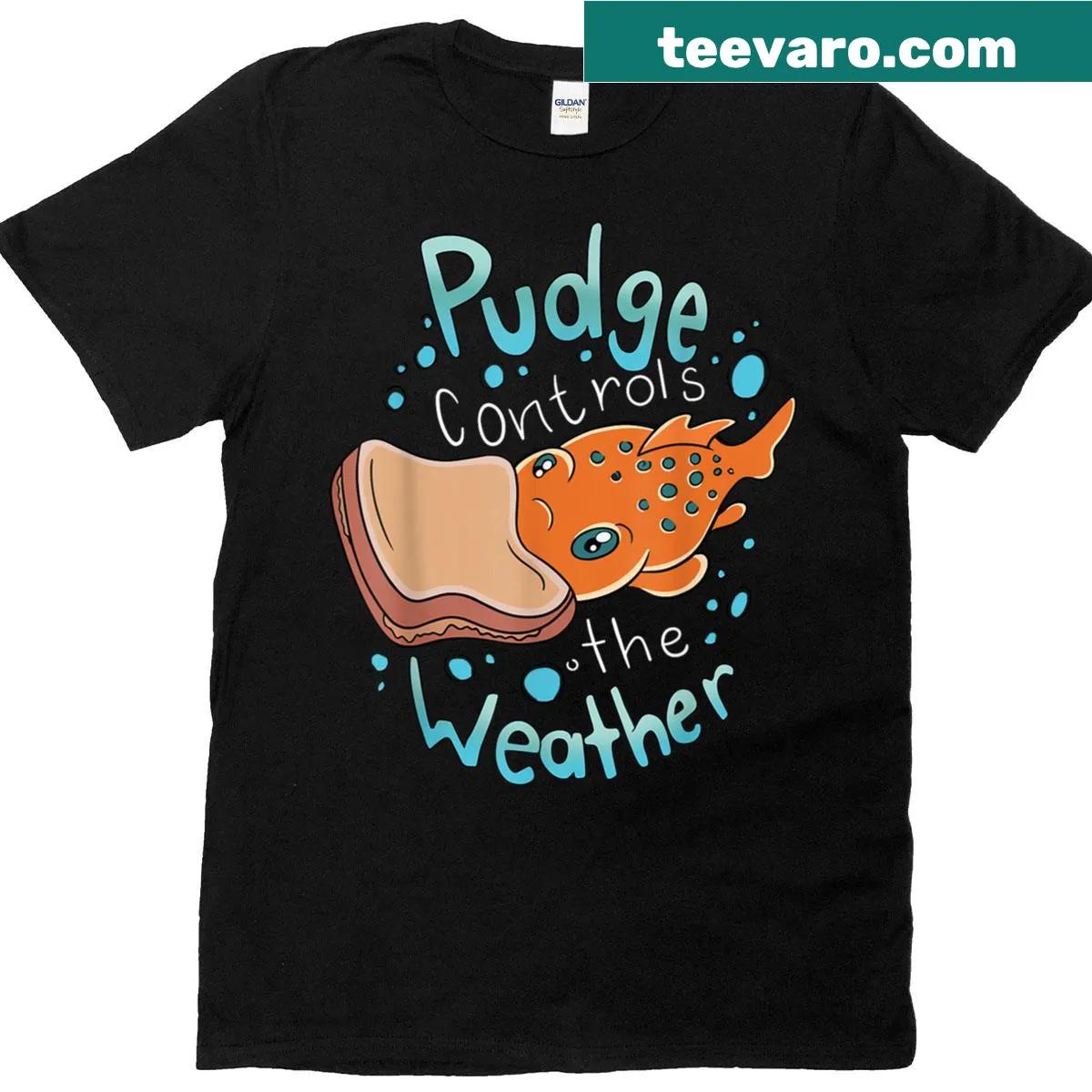 Funny T-shirt with 'Pudge Controls The Weather' text in bold font. — on a men's t-shirt