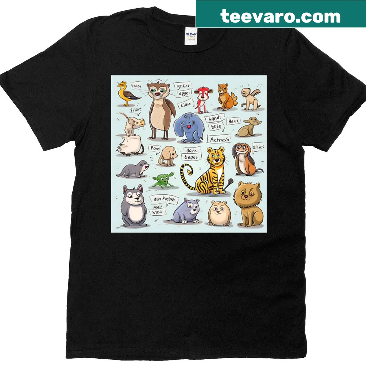 Whimsical comic strip T-shirt featuring quirky anthropomorphic animals — on a men's t-shirt