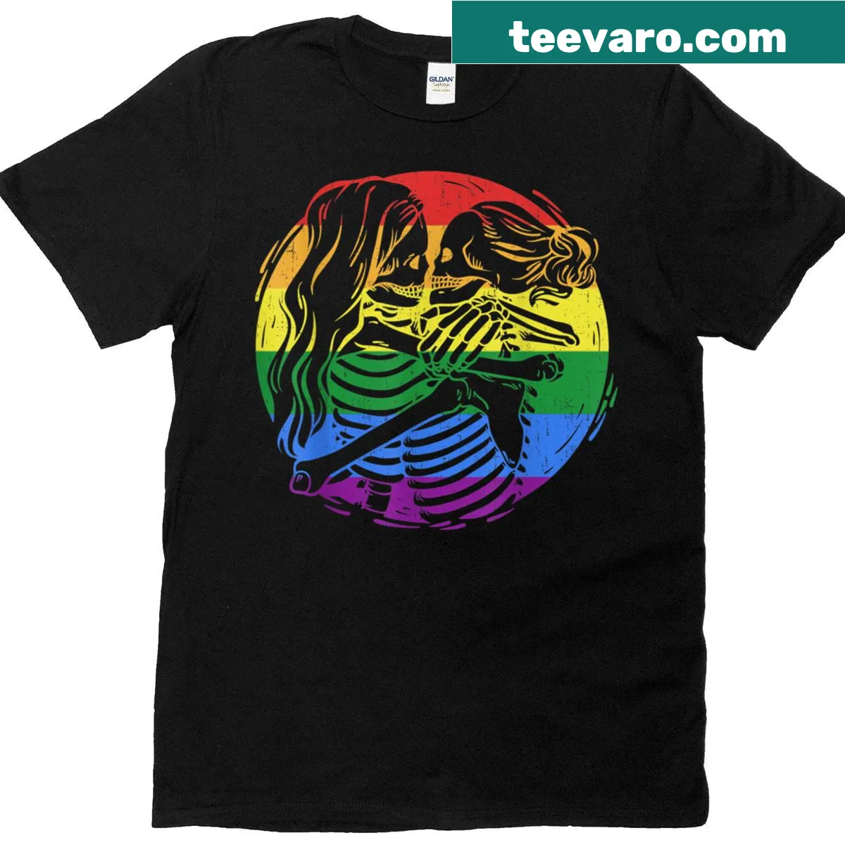 Rainbow Flag LGBTQ t-shirt featuring a skeleton couple — on a men's t-shirt