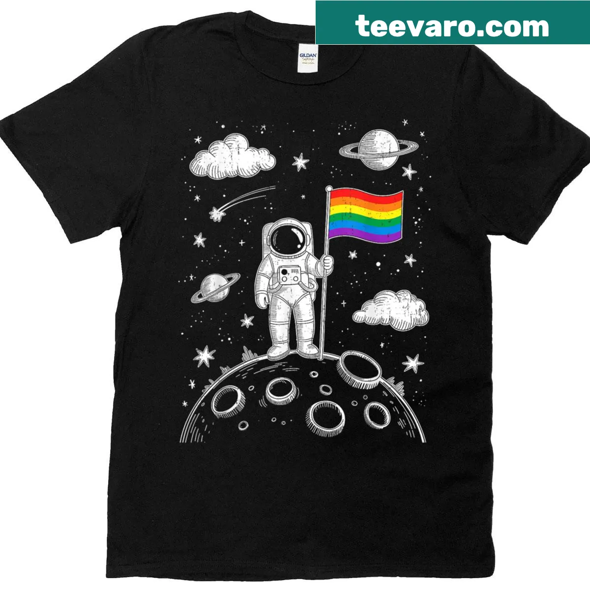 Astronaut t-shirt featuring the rainbow flag in space — on a men's t-shirt